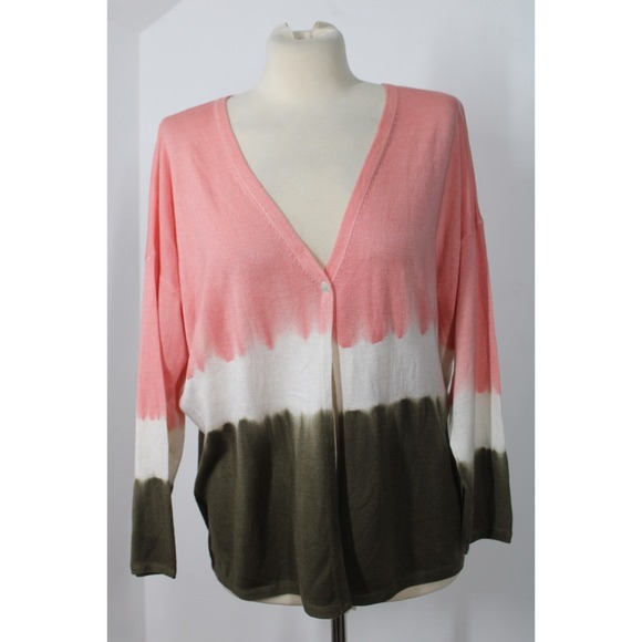 Hemisphere L Pink Green Ombre Stripe Dyed Silk Wool Lightweight Cardigan Sweater - Picture 1 of 8